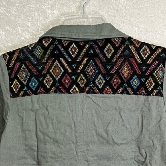 MODCLOTH Y2K Cargo Jacket Womens M Green Denim Tapestry Trim Academia Grunge - Picture 8 of 11